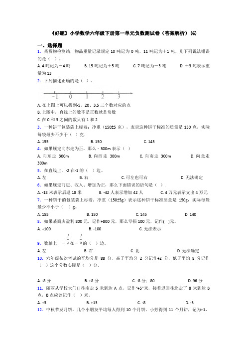 《好题》小学数学六年级下册第一单元负数测试卷(答案解析)(6)