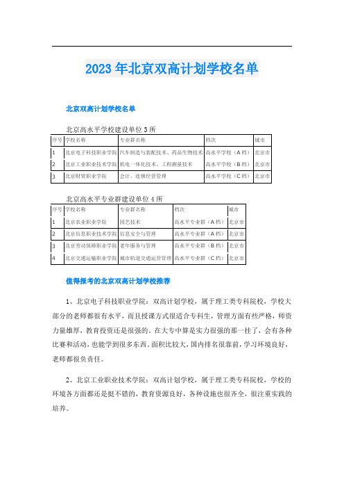 2023年北京双高计划学校名单