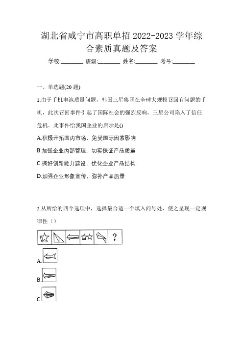 湖北省咸宁市高职单招2022-2023学年综合素质真题及答案