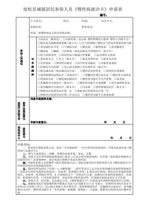 宿松县城镇居民参保人员慢性病就诊卡申请表