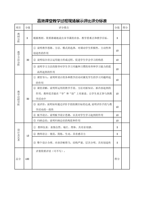 高效课堂教学过程现场展示评比评分标准