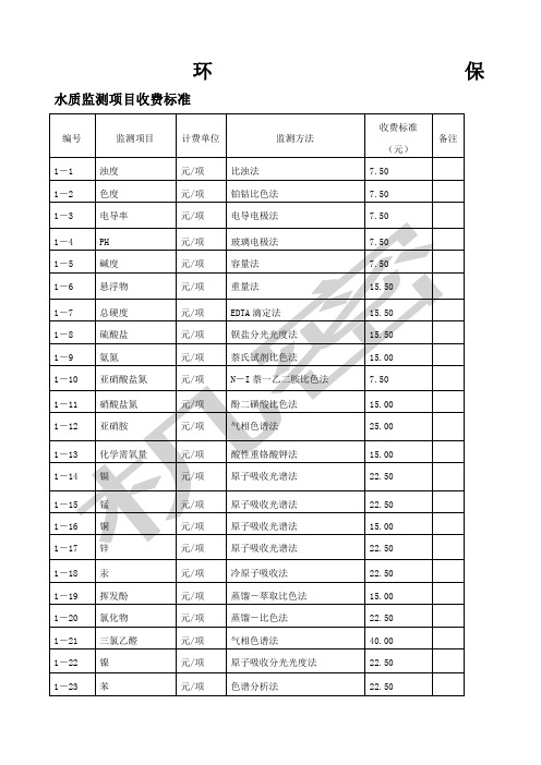 水质监测项目收费标准