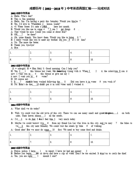 成都历年（2002—2018年）中考英语真题汇编—完成对话（含答案）