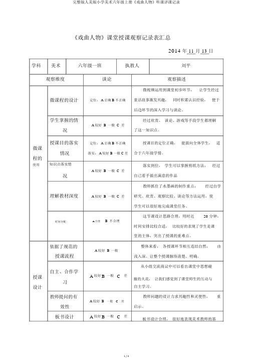 完整版人美版小学美术六年级上册《戏曲人物》听课评课记录