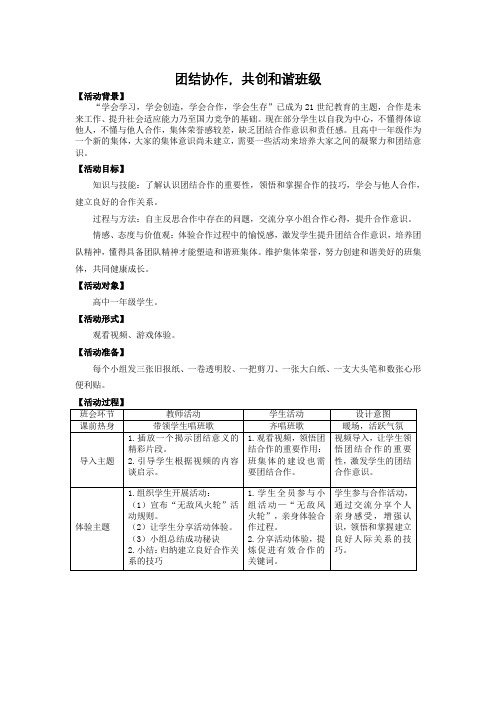 团结协作,共创和谐班级 活动方案--高中主题班会