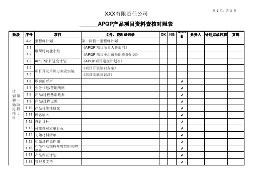 APQP资料查核对照表