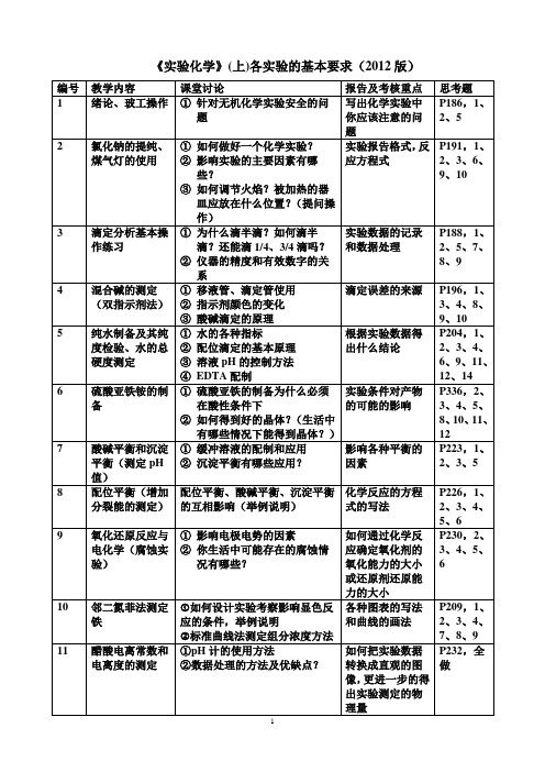 实验化学上各实验基本要求和思考题(2012版)