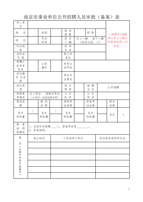 南京事业单位公开招聘人员审批备案表