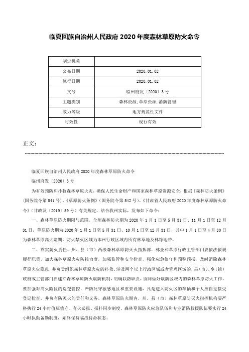 临夏回族自治州人民政府2020年度森林草原防火命令-临州府发〔2020〕3号