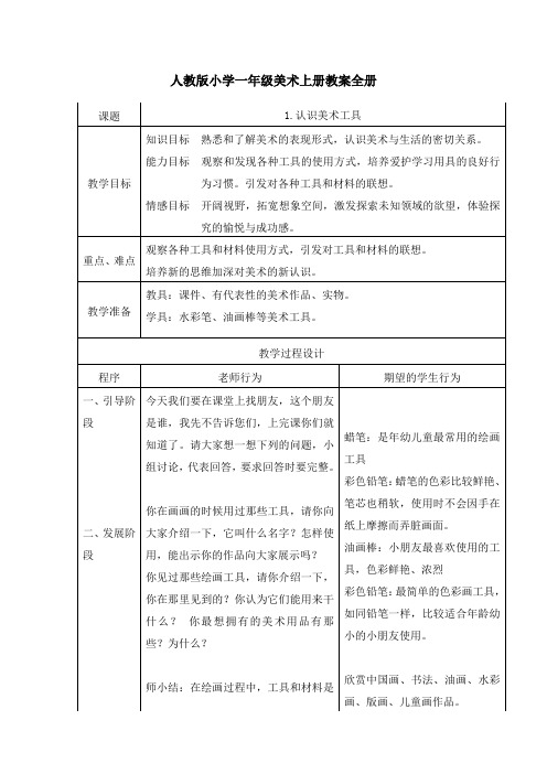 人教版小学一年级美术上册教案全册