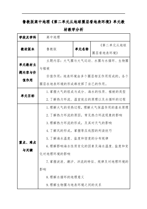 鲁教版高中地理《第二单元从地球圈层看地表环境》单元教材教学分析