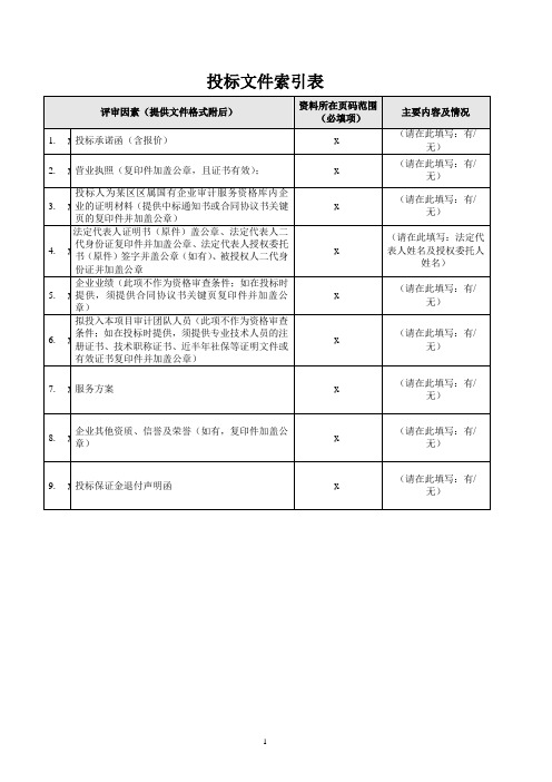 投标文件索引表【表格模板】