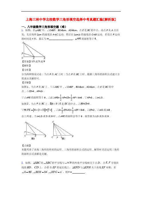 上海三林中学北校数学三角形填空选择中考真题汇编[解析版]