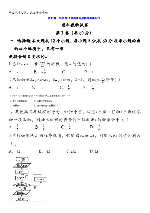 贵州省贵阳市第一中学2016届高三第六次月考数学(理)试题 含答案