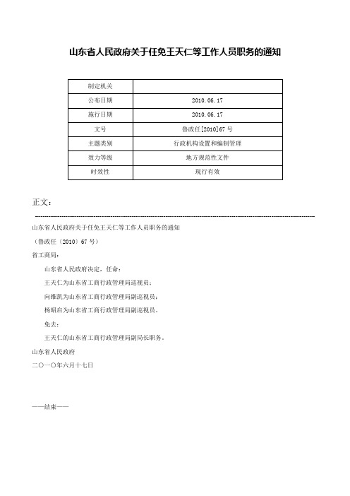 山东省人民政府关于任免王天仁等工作人员职务的通知-鲁政任[2010]67号