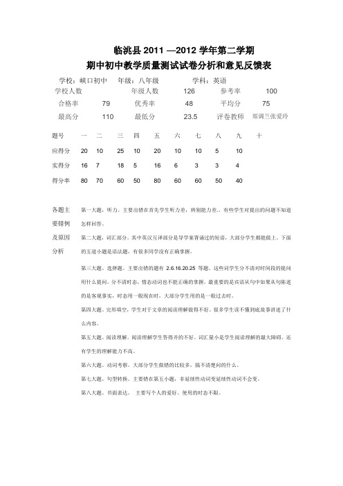 八年级英语试卷分析和意见反馈表