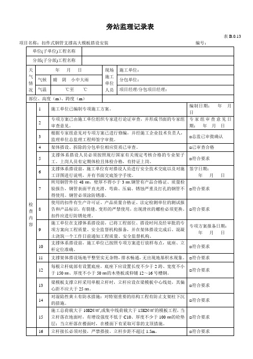 扣件式钢管支撑高大模板旁站监理记录表(1)