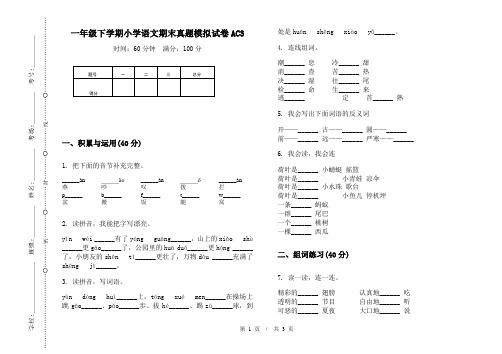 一年级下学期小学语文期末真题模拟试卷AC3