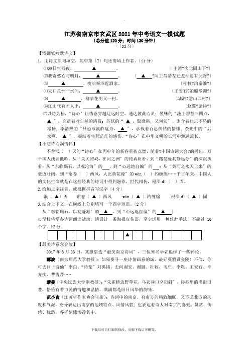 江苏省南京市玄武区2021年中考一模语文试卷