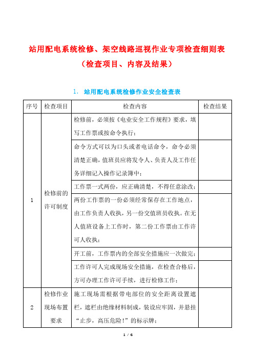 站用配电系统检修、架空线路巡视作业专项检查细则表(检查项目、内容及结果)