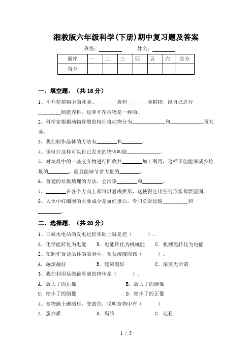 湘教版六年级科学(下册)期中复习题及答案