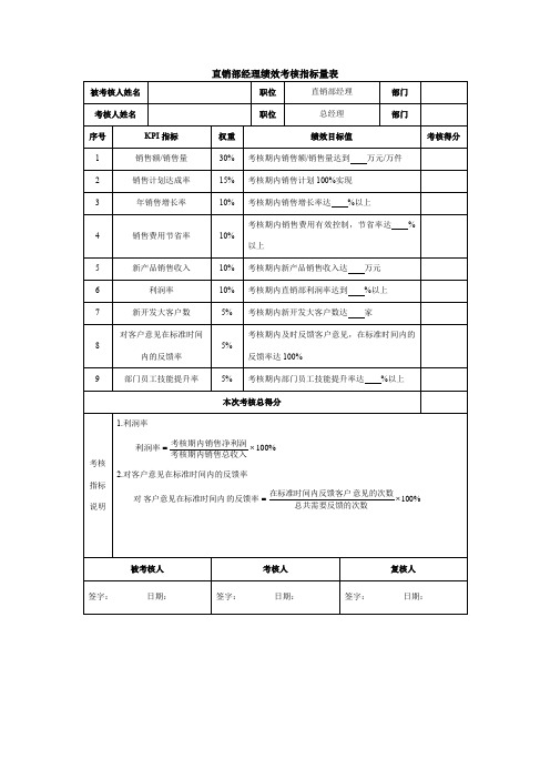 直销部经理绩效考核指标量表