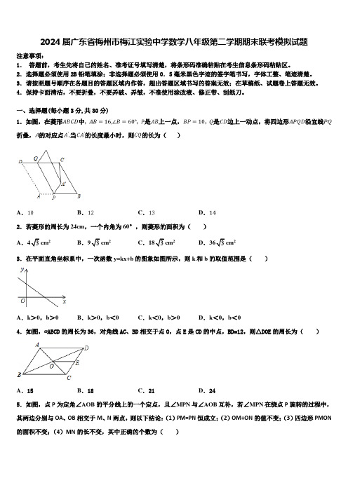 2024届广东省梅州市梅江实验中学数学八年级第二学期期末联考模拟试题含解析