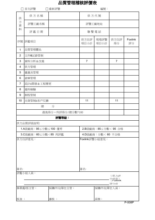 品质管理稽核评价表