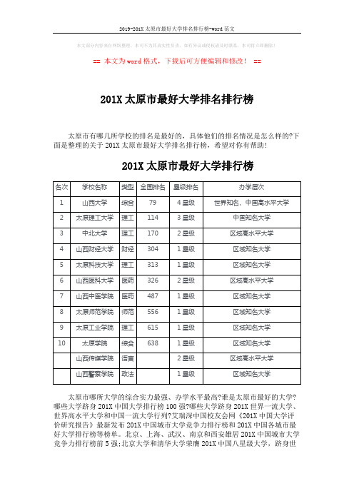 2019-201X太原市最好大学排名排行榜-word范文 (2页)