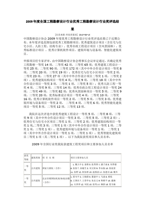 2009年度全国工程勘察设计行业优秀工程勘察设计行业奖评选结果