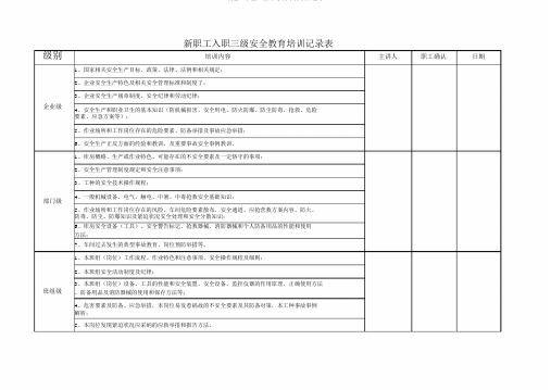 新员工入职三级安全教育培训记录表