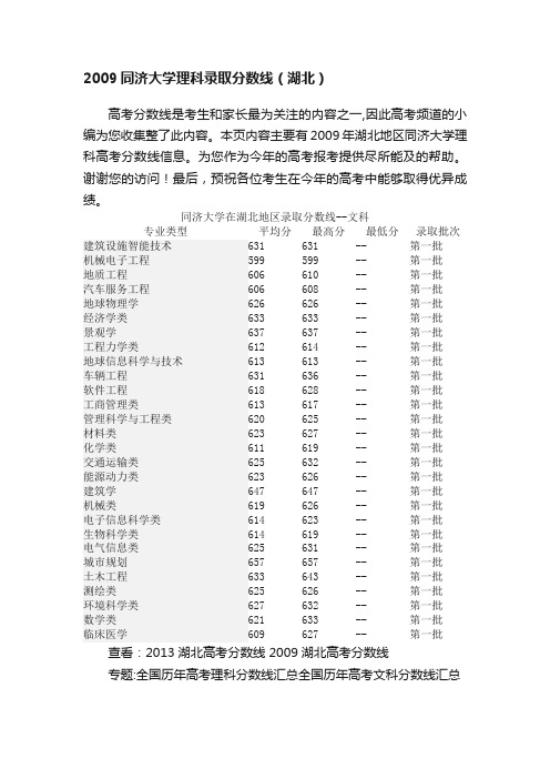 2009同济大学理科录取分数线（湖北）