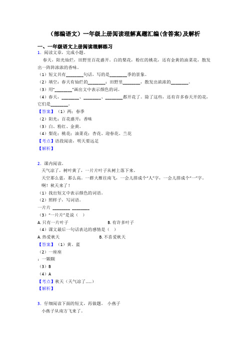 一年级(部编语文)一年级上册阅读理解真题汇编(含答案)及解析