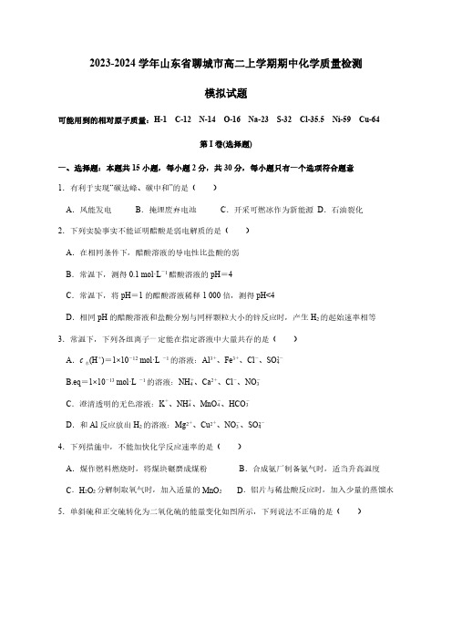 2023-2024学年山东省聊城市高二上学期期中化学质量检测模拟试题(含解析)