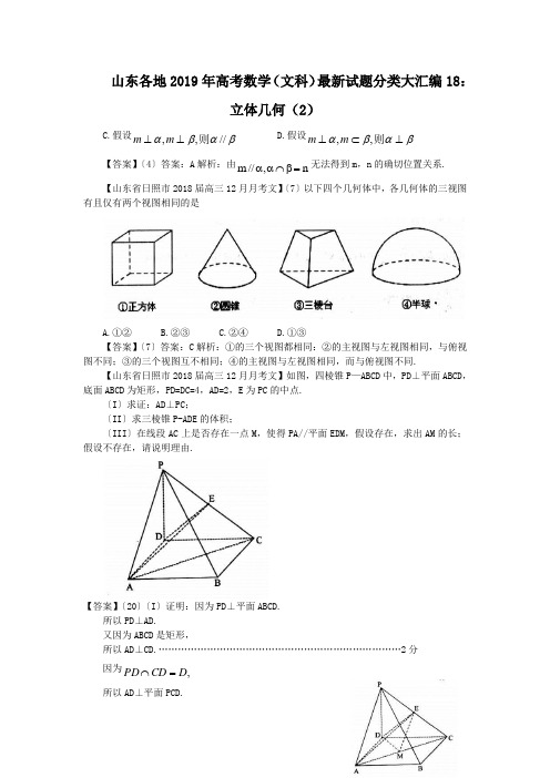 山东各地2019年高考数学(文科)最新试题分类大汇编18：立体几何(2)