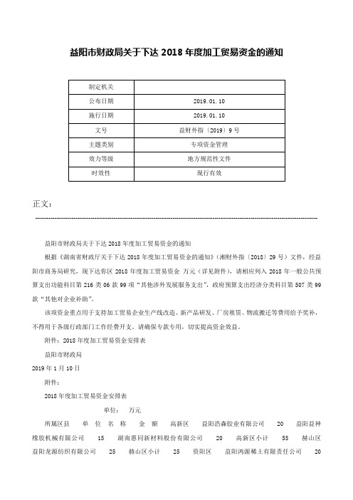 益阳市财政局关于下达2018年度加工贸易资金的通知-益财外指〔2019〕9号