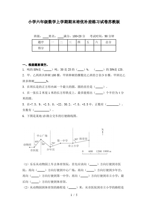 小学六年级数学上学期期末培优补差练习试卷苏教版