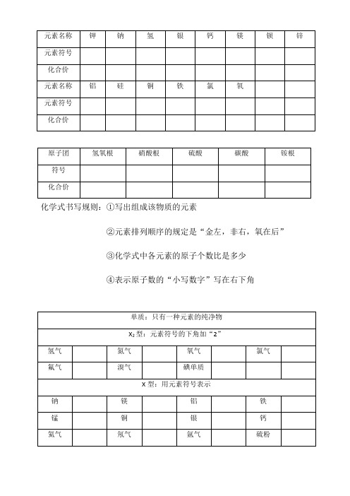 人教版九年级化学中考复习专题训练：化学式的书写