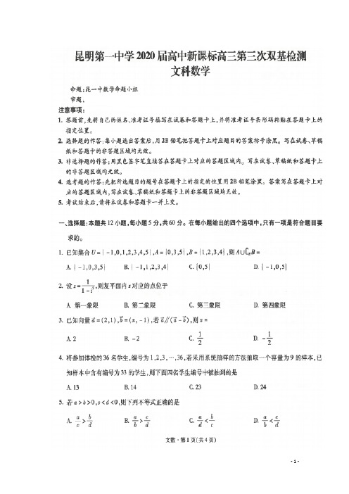 (新课标)云南省昆明市第一中学2020高三数学第三次双基检测试题 文(扫描版)