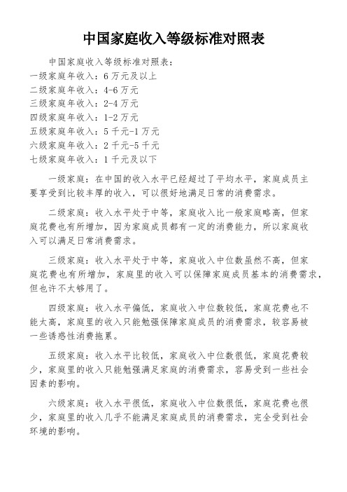 中国家庭收入等级标准对照表