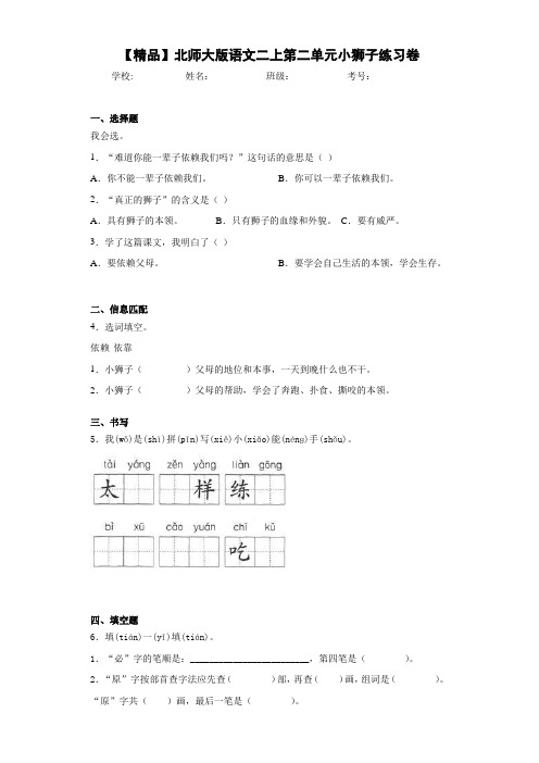 小学语文二上第二单元小狮子练习卷(含答案解析)