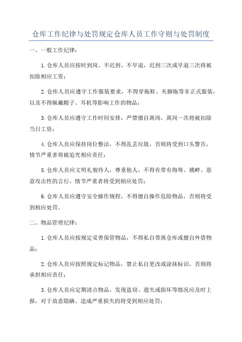 仓库工作纪律与处罚规定仓库人员工作守则与处罚制度