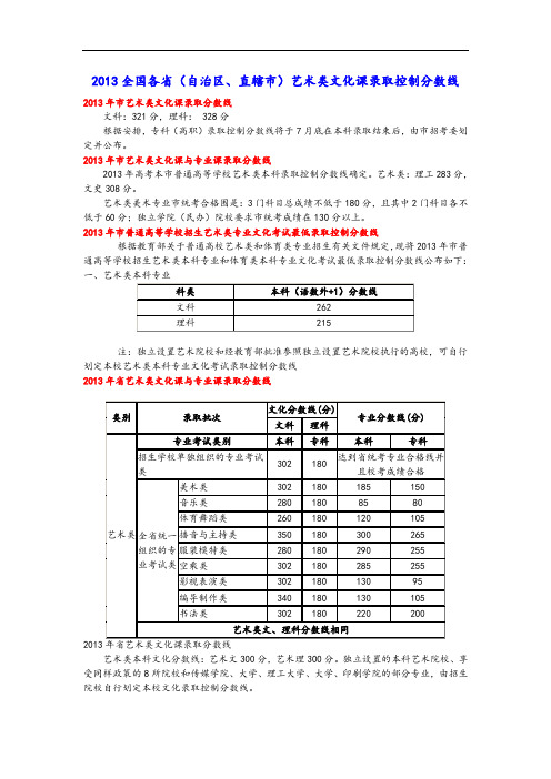 全面2013年艺考生文化课分数线