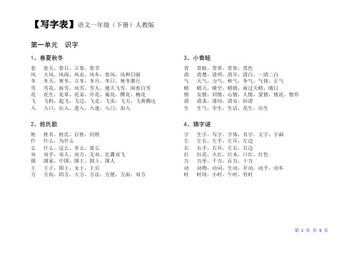 人教版小学语文一年级下册写字表