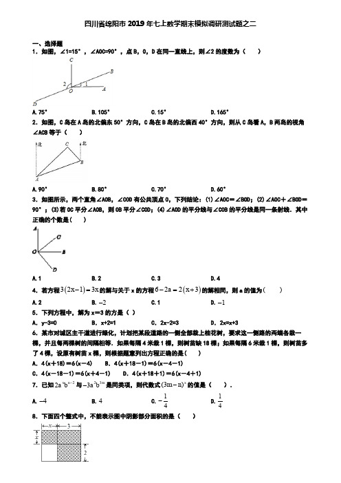 四川省绵阳市2019年七上数学期末模拟调研测试题之二