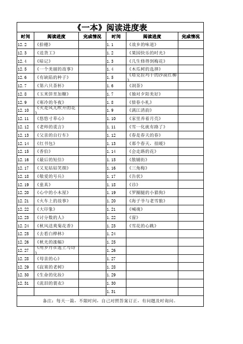 《一本》阅读打卡表