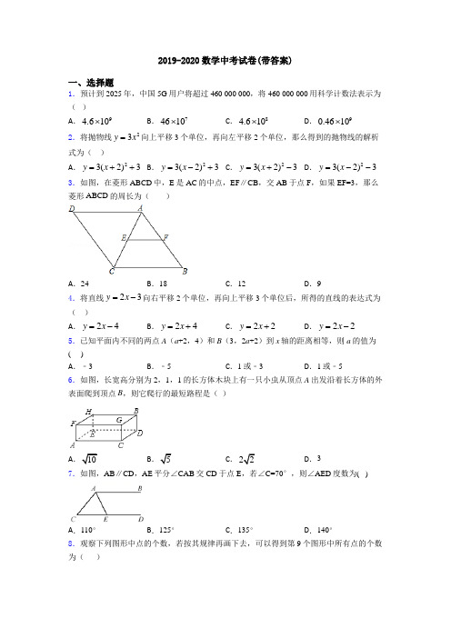 2019-2020数学中考试卷(带答案)