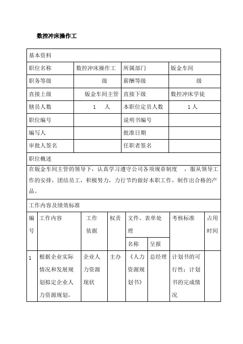 数控冲床岗位说明书