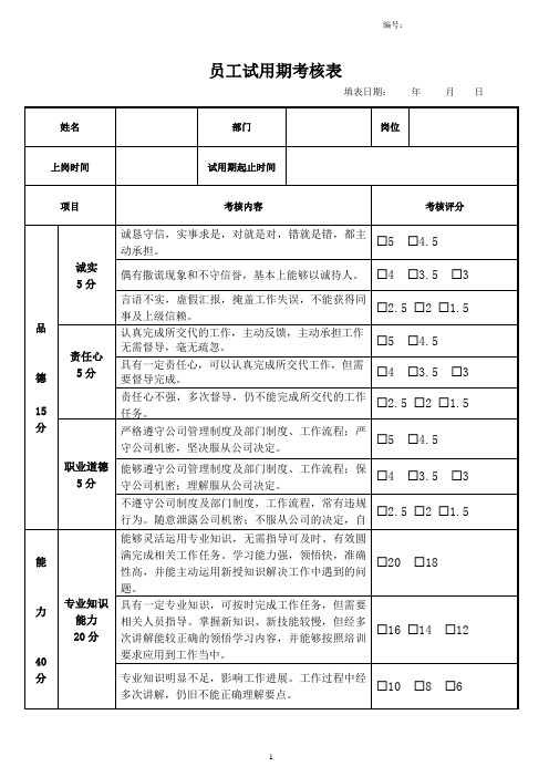 员工试用期考核表