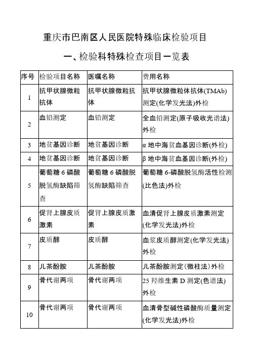 重庆市巴南区人民医院特殊临床检验项目一、检验科特殊检查项目